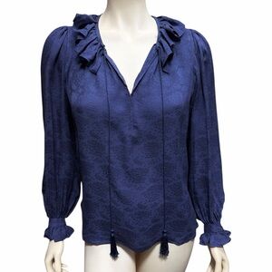 Saint Laurent Rive Gauche Blue 100% Silk Blue Jacquard Ruffle Neck Tassel Blouse